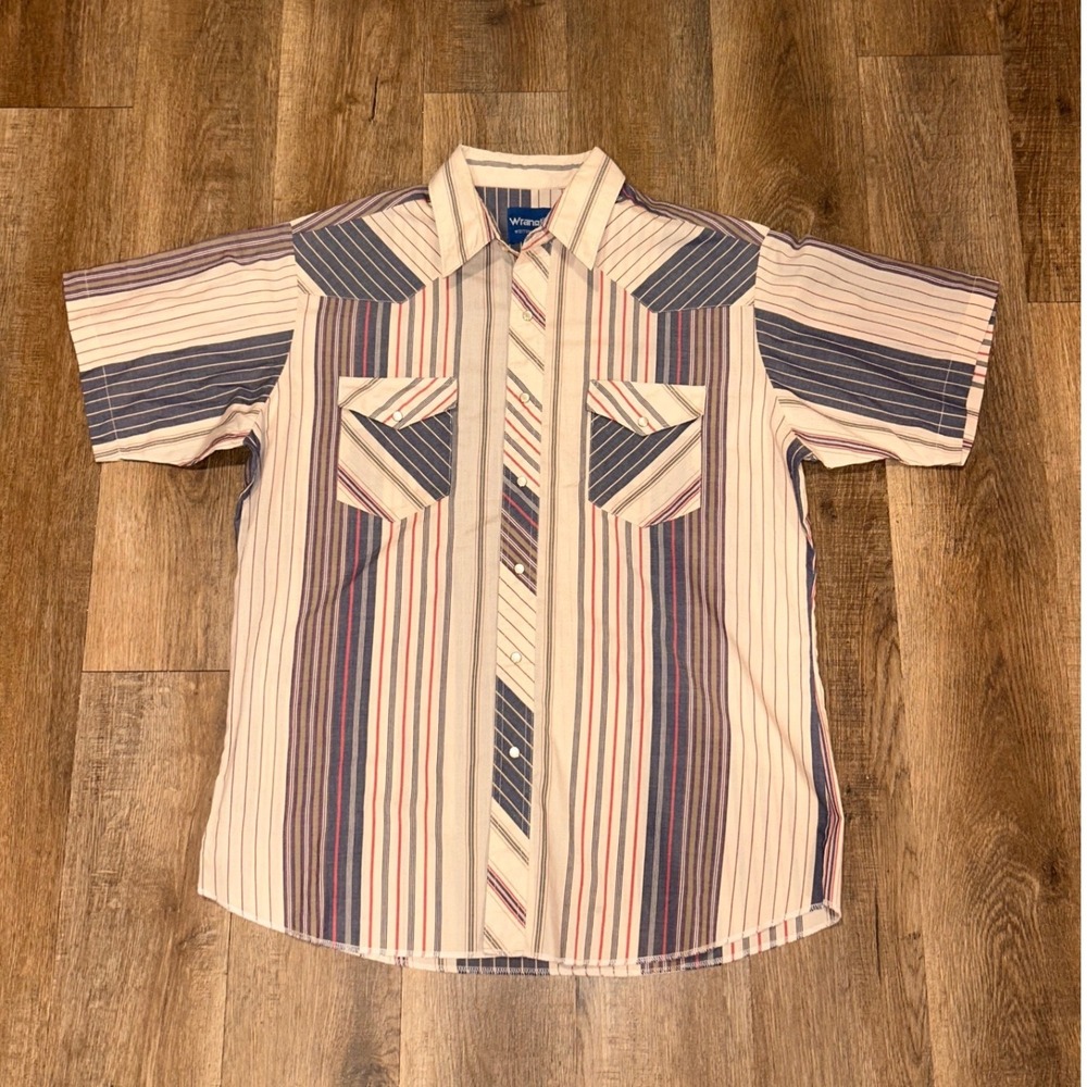 Vintage Wrangler Western Shirt Mens Large Pearl Snap Short Sleeve Striped Blue